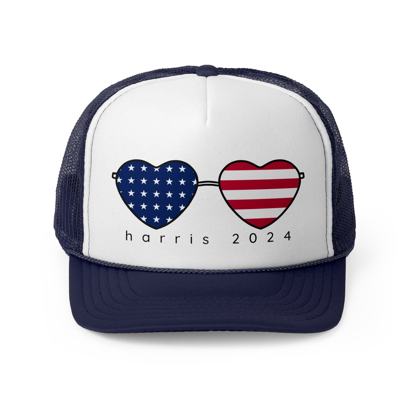Kamala Harris Trucker Hat - American Flag Hearts Cap