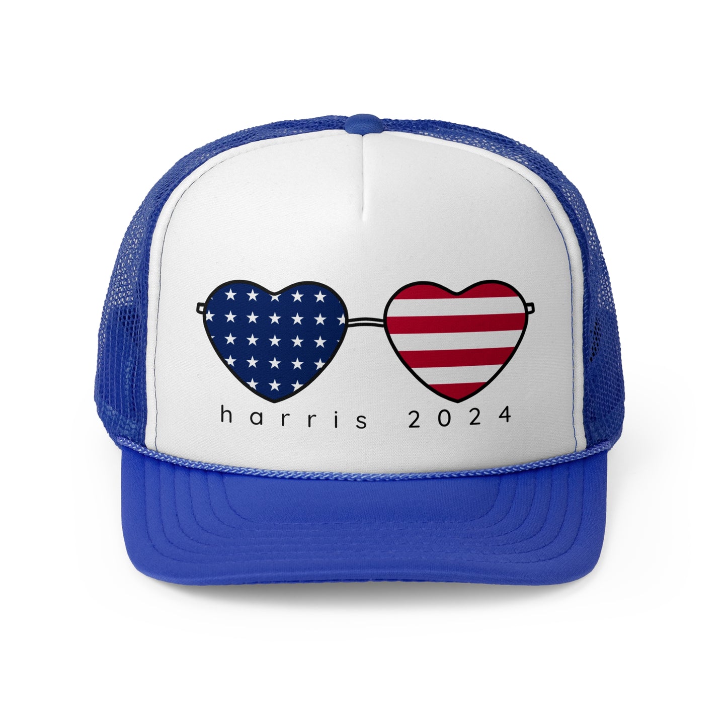 Kamala Harris Trucker Hat - American Flag Hearts Cap