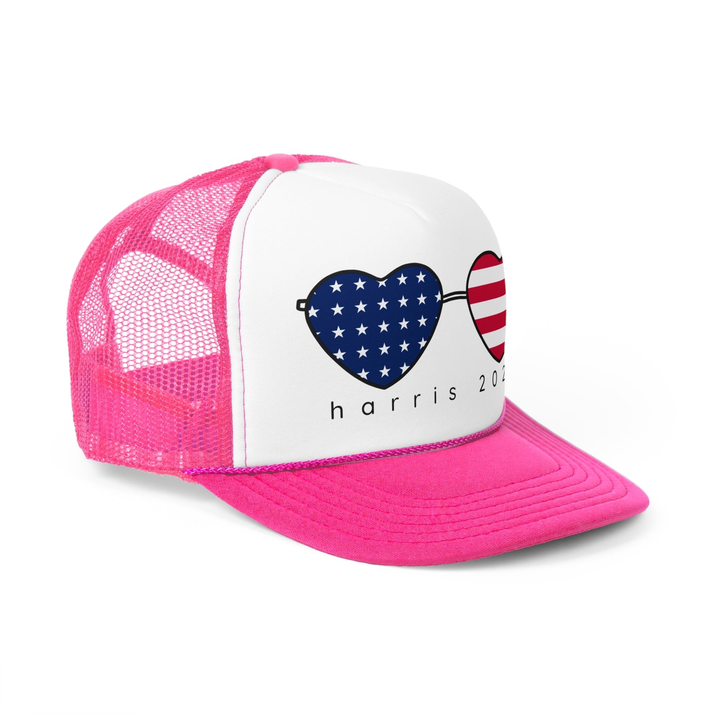 Kamala Harris Trucker Hat - American Flag Hearts Cap