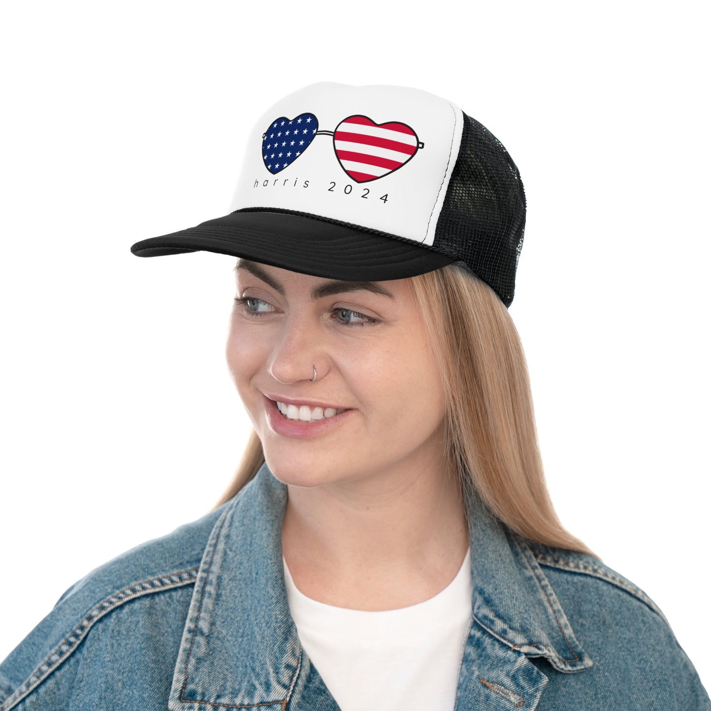Kamala Harris Trucker Hat - American Flag Hearts Cap