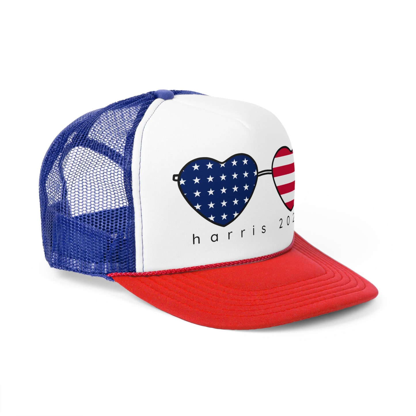 Kamala Harris Trucker Hat - American Flag Hearts Cap