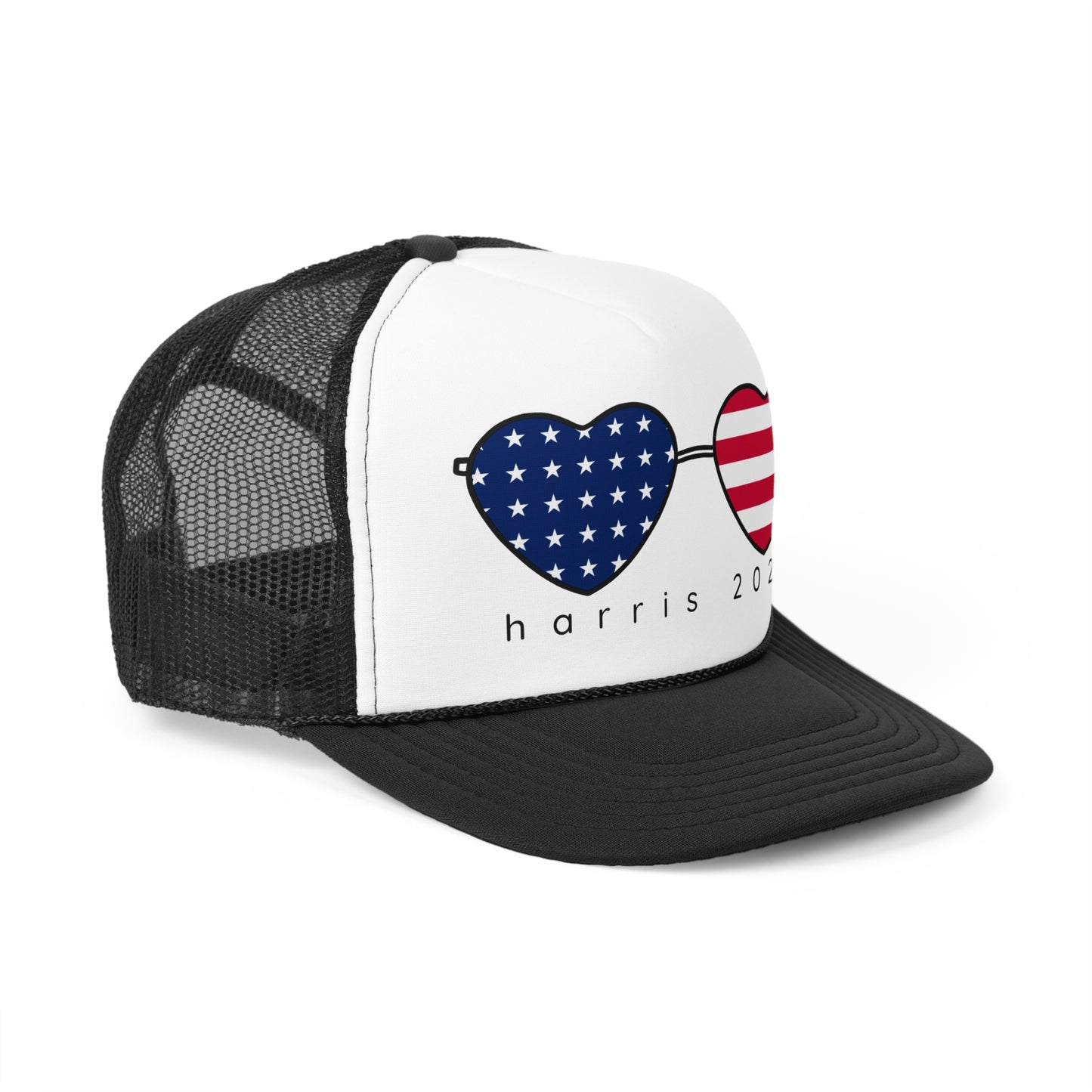 Kamala Harris Trucker Hat - American Flag Hearts Cap