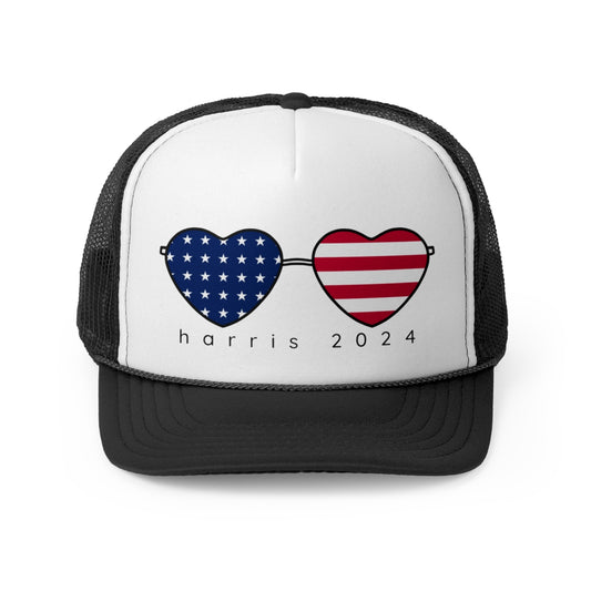 Kamala Harris Trucker Hat - American Flag Hearts Cap