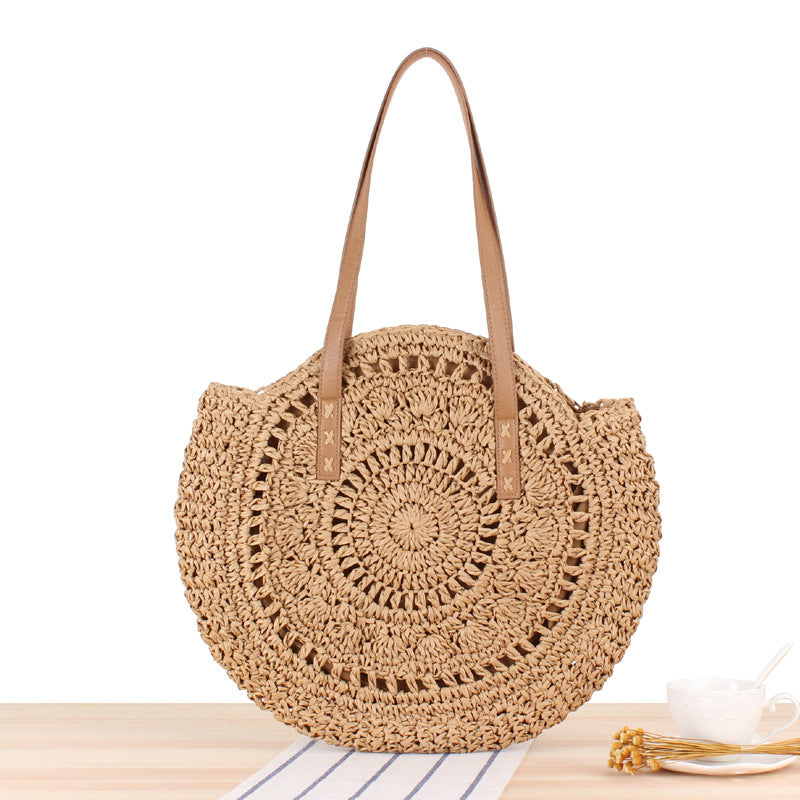 Round Summer Straw Zipper Bag