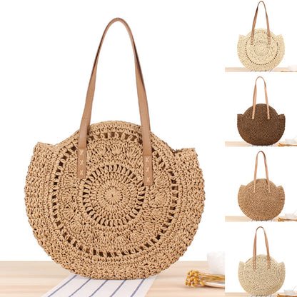 Round Summer Straw Zipper Bag