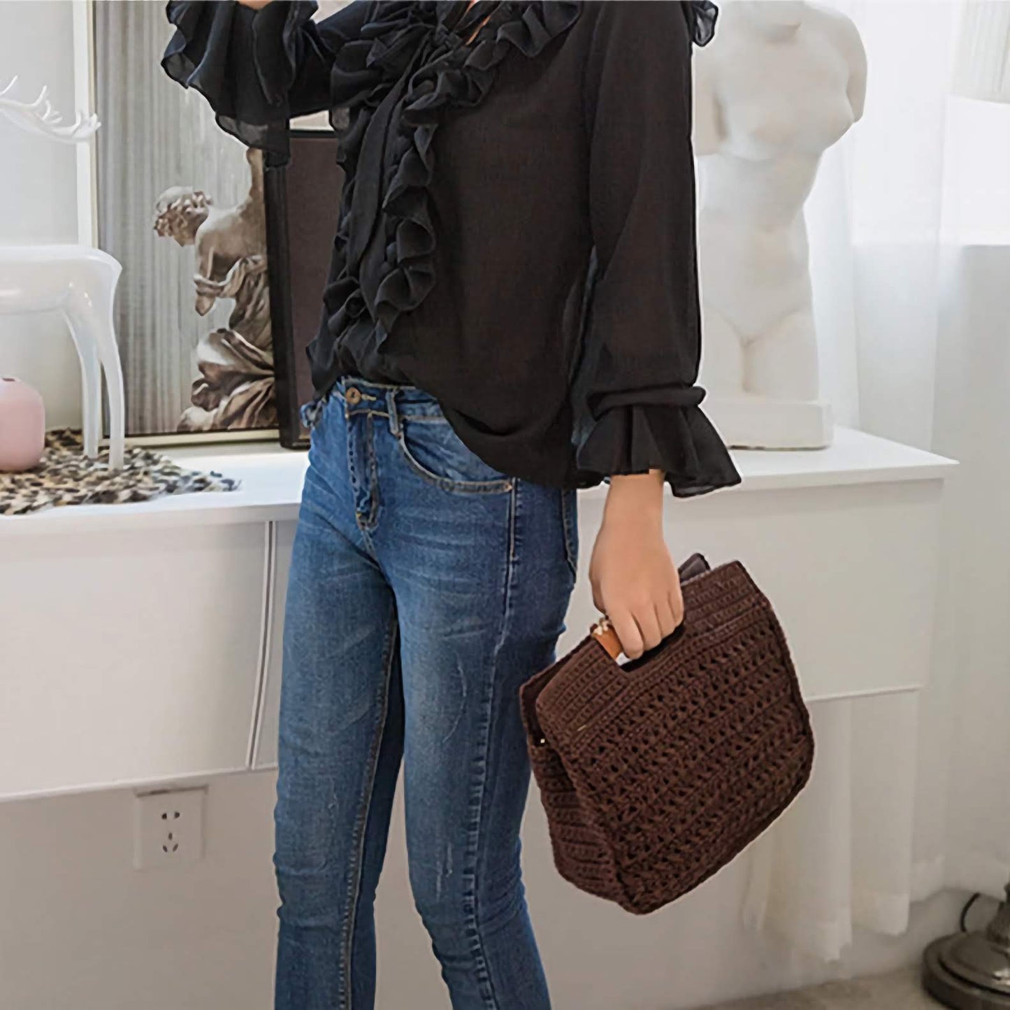 Crochet Woven Handbag Brown
